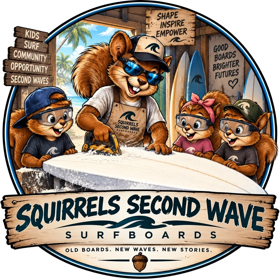 Squirrels Second Wave Surfboards emblem: squirrels shaping a surfboard