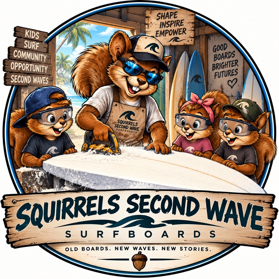 Squirrel guiding young people through a surfboard shaping workshop