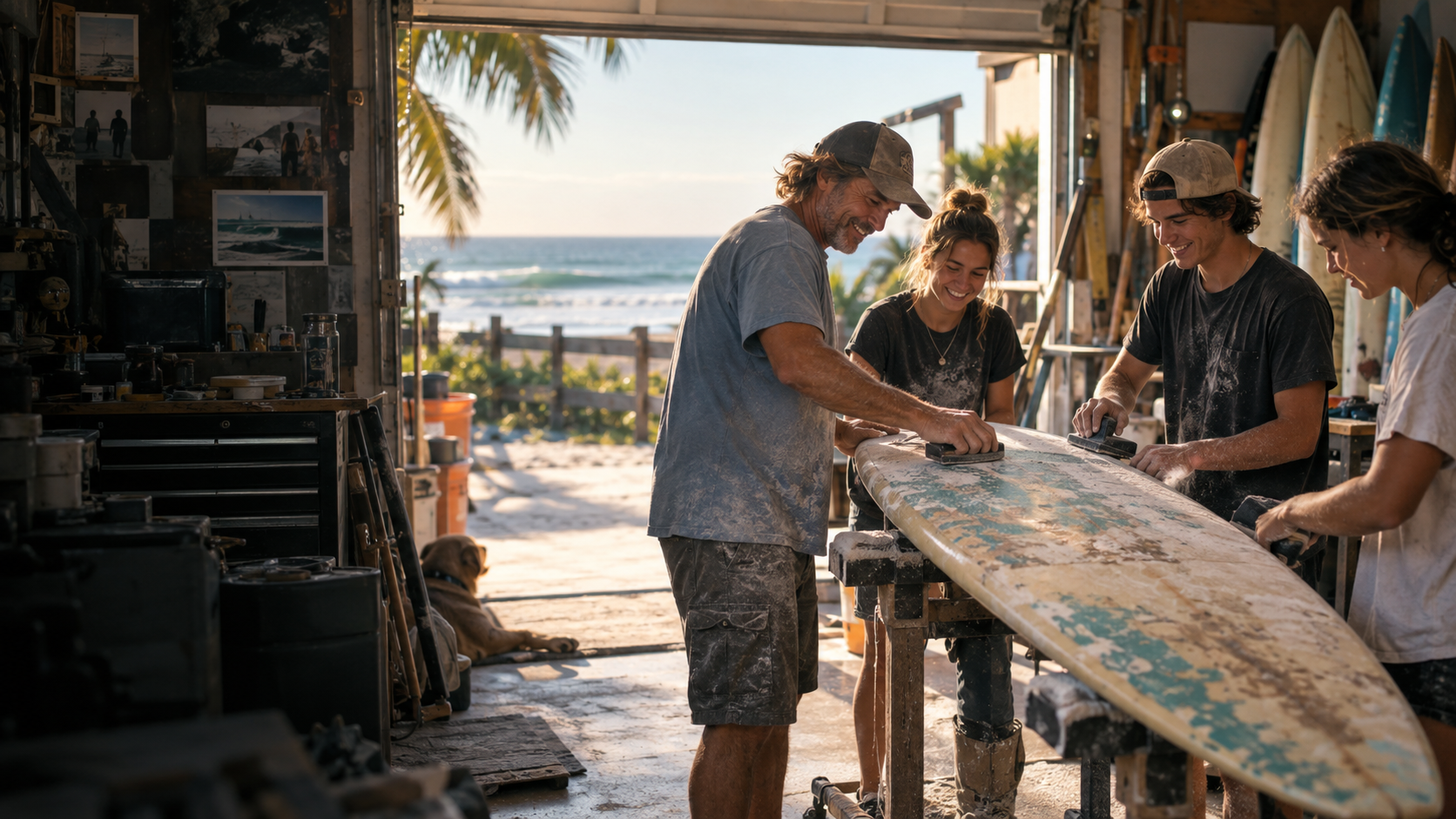 A mentor and young adults restoring a weathered surfboard in an open coastal workshop